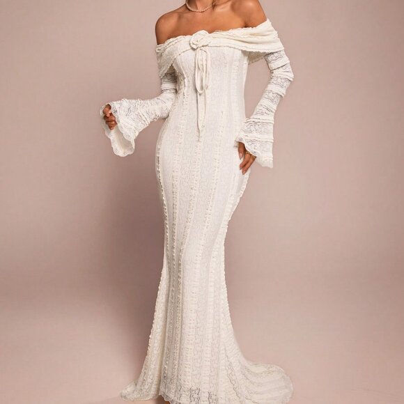 White Elegant Women's Off-Shoulder Long-Sleeved Maxi dress Date Outfit - Picture 1 of 8